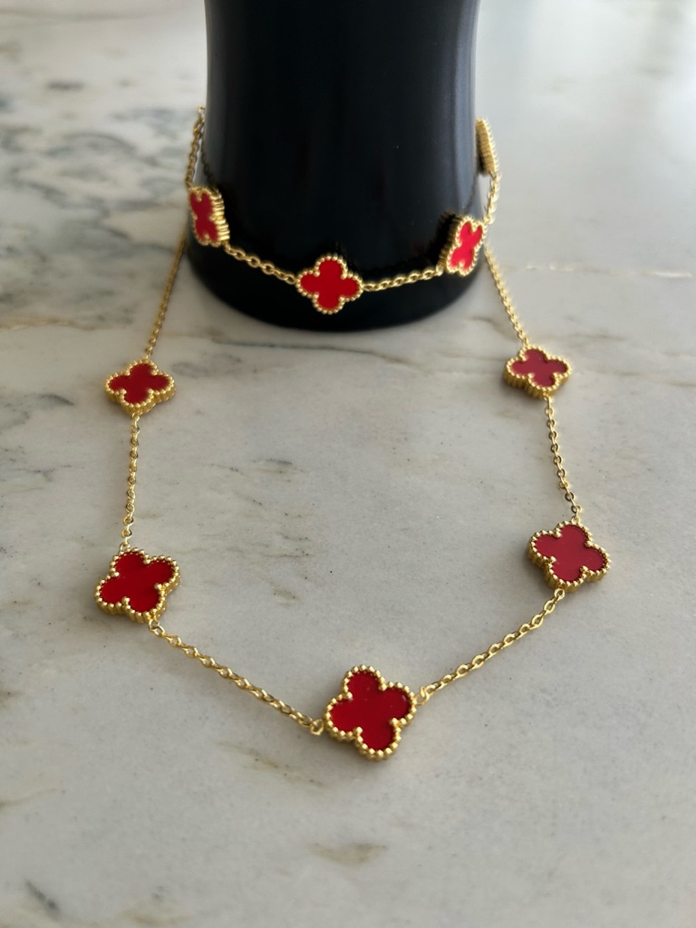 Gold-Tone Red Clover Station Necklace and Bracelet‎ Set